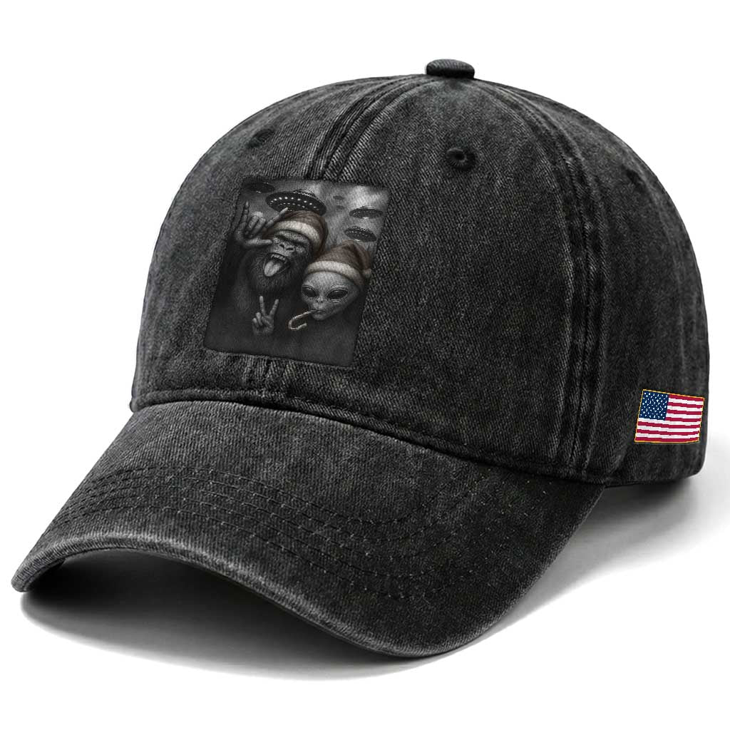 Bigfoot UFO Selife Washed Cotton Baseball Cap Sasquatch Ailen Rock On Hand Christmas