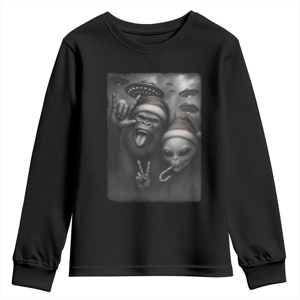 Bigfoot UFO Selife Youth Sweatshirt Sasquatch Ailen Rock On Hand Christmas - Wonder Print Shop