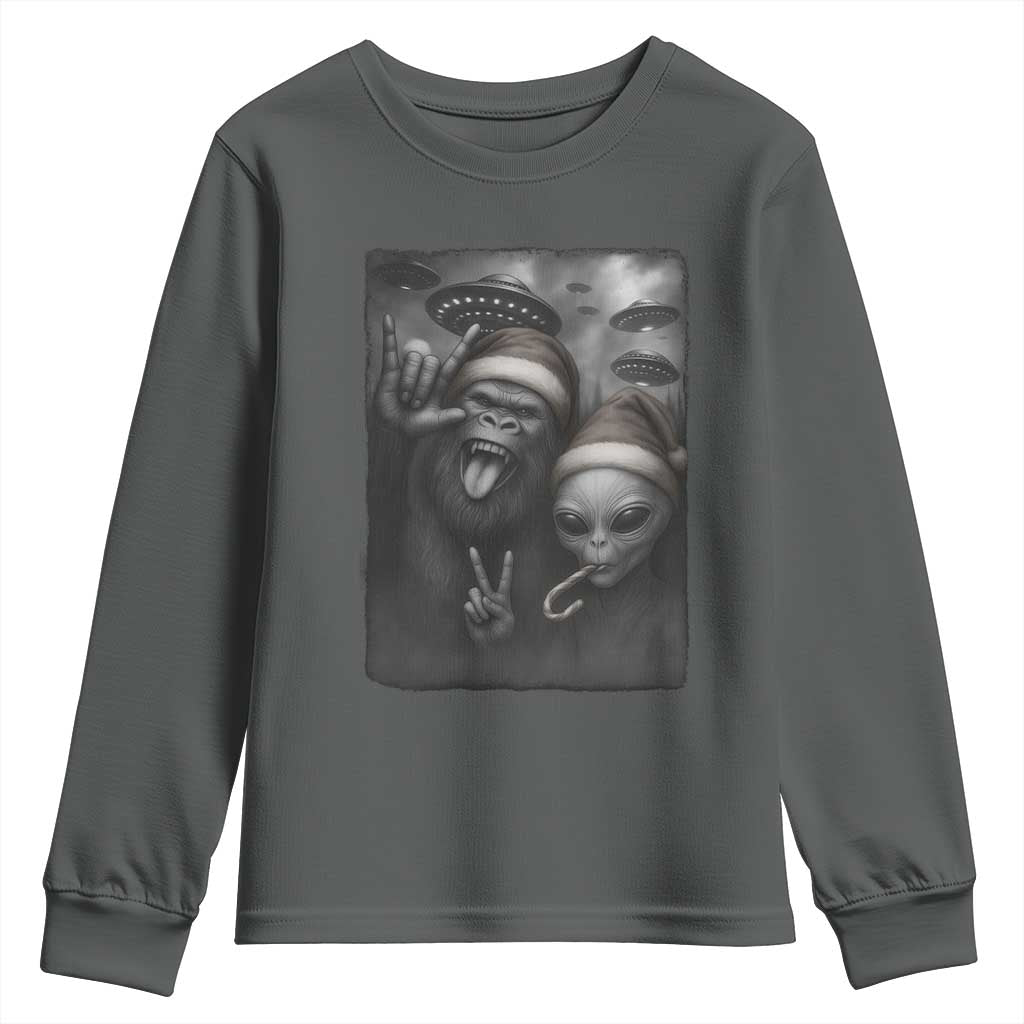 Bigfoot UFO Selife Youth Sweatshirt Sasquatch Ailen Rock On Hand Christmas - Wonder Print Shop