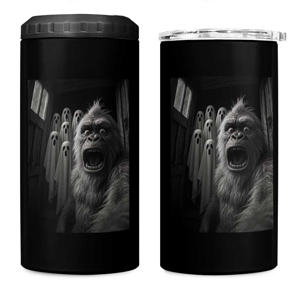 Funny Bigfoot Selfie Halloween 4 in 1 Can Cooler Tumbler Sasquatch Ghost Haunted House - Wonder Print Shop