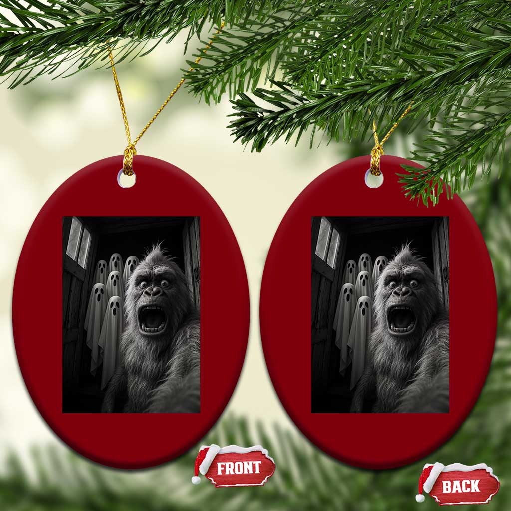 Funny Bigfoot Selfie Halloween Ceramic Ornament Sasquatch Ghost Haunted House - Wonder Print Shop