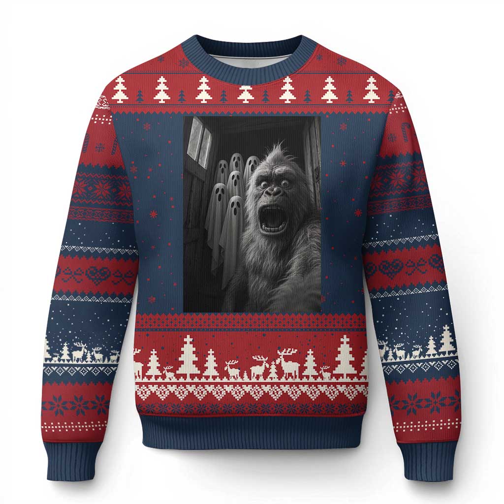 Funny Bigfoot Selfie Halloween Ugly Christmas Sweater Sasquatch Ghost Haunted House - Wonder Print Shop