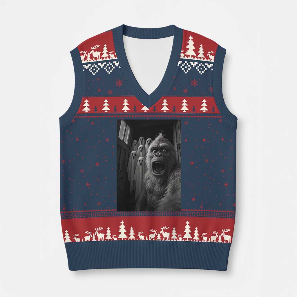 Funny Bigfoot Selfie Halloween V-Neck Knit Sweater Vest Sasquatch Ghost Haunted House - Wonder Print Shop