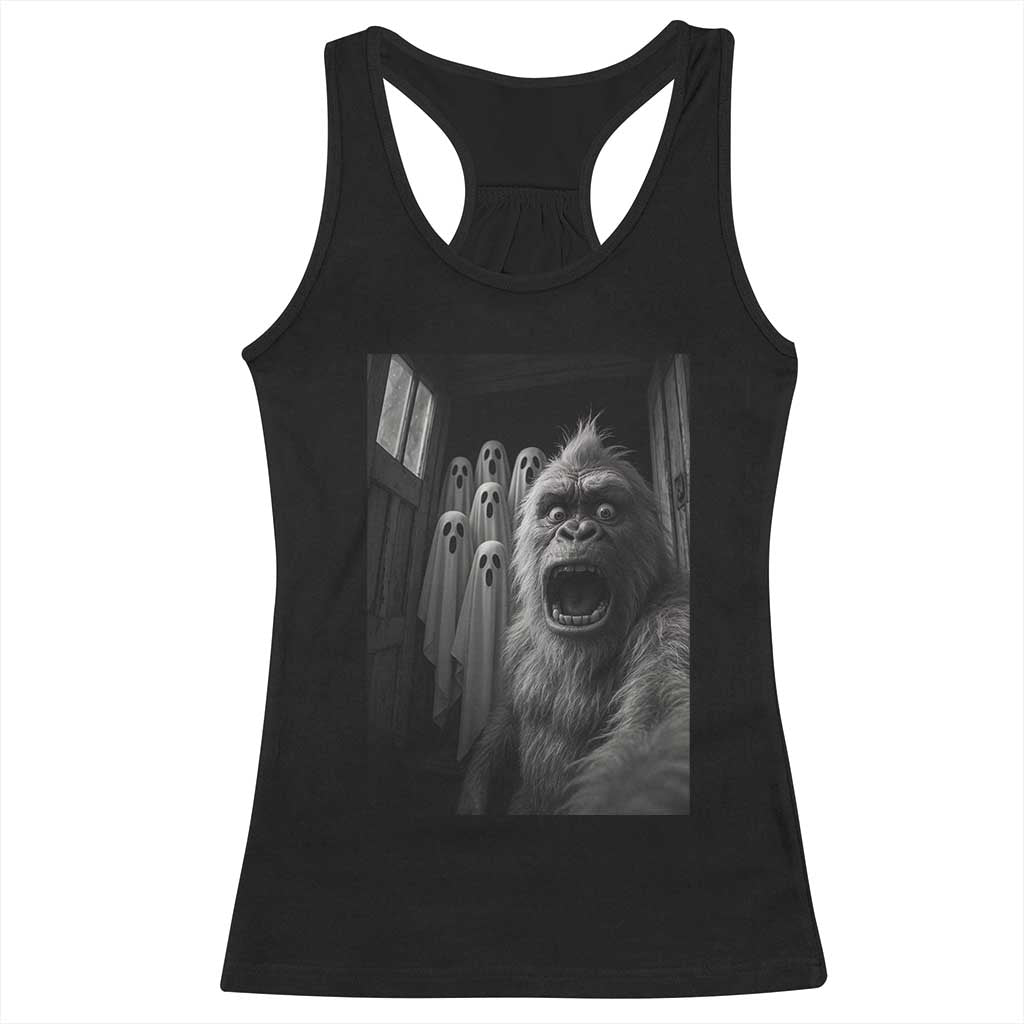 Funny Bigfoot Selfie Halloween Racerback Tank Top Sasquatch Ghost Haunted House - Wonder Print Shop