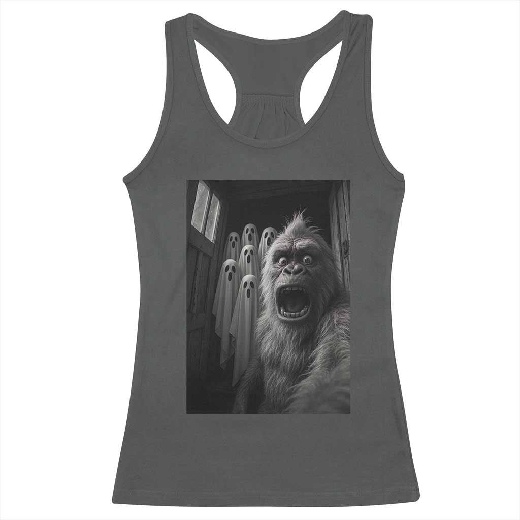 Funny Bigfoot Selfie Halloween Racerback Tank Top Sasquatch Ghost Haunted House - Wonder Print Shop