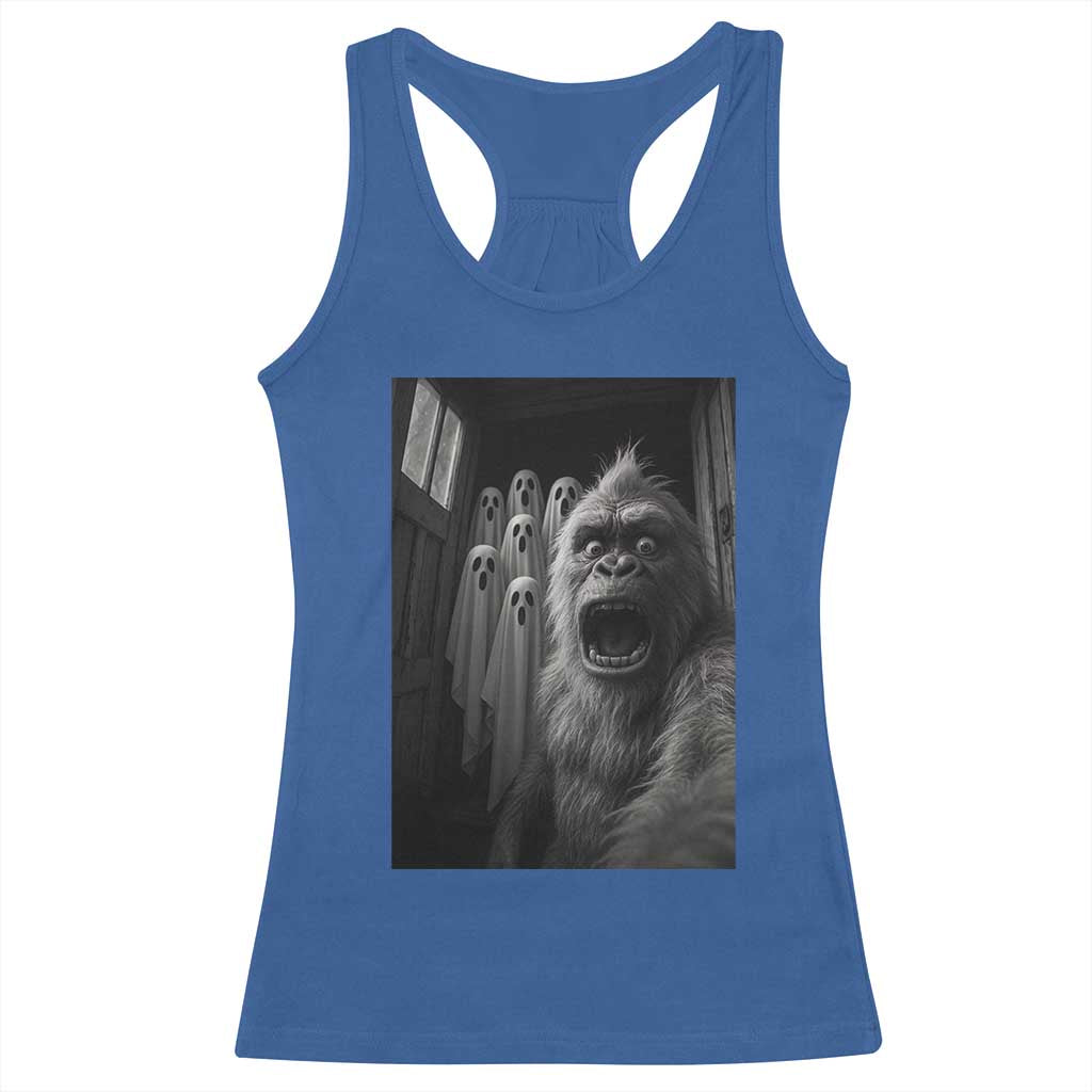 Funny Bigfoot Selfie Halloween Racerback Tank Top Sasquatch Ghost Haunted House - Wonder Print Shop