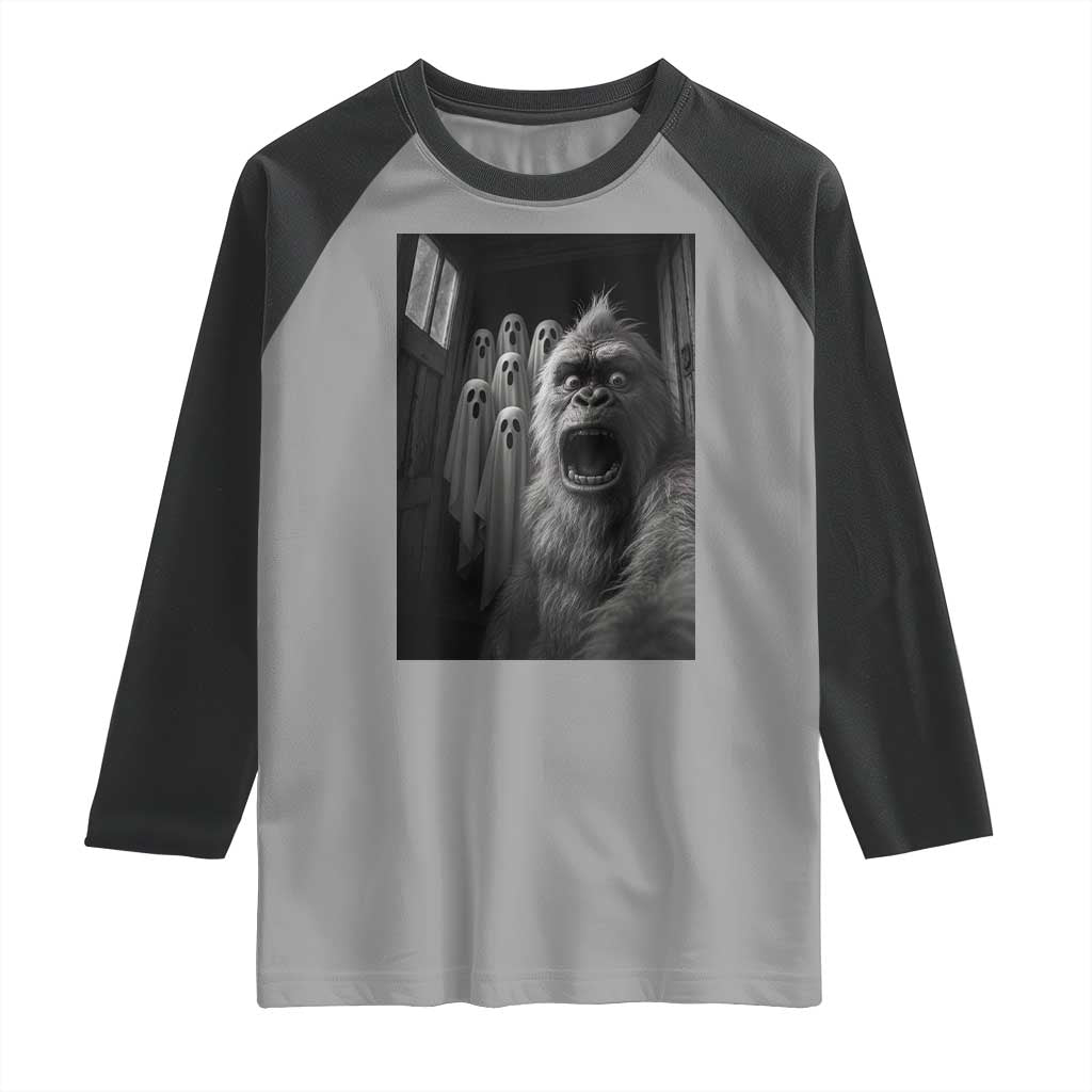 Funny Bigfoot Selfie Halloween Raglan Shirt Sasquatch Ghost Haunted House - Wonder Print Shop
