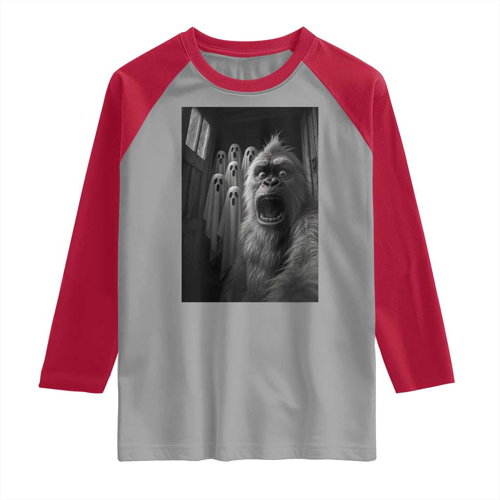 Funny Bigfoot Selfie Halloween Raglan Shirt Sasquatch Ghost Haunted House - Wonder Print Shop