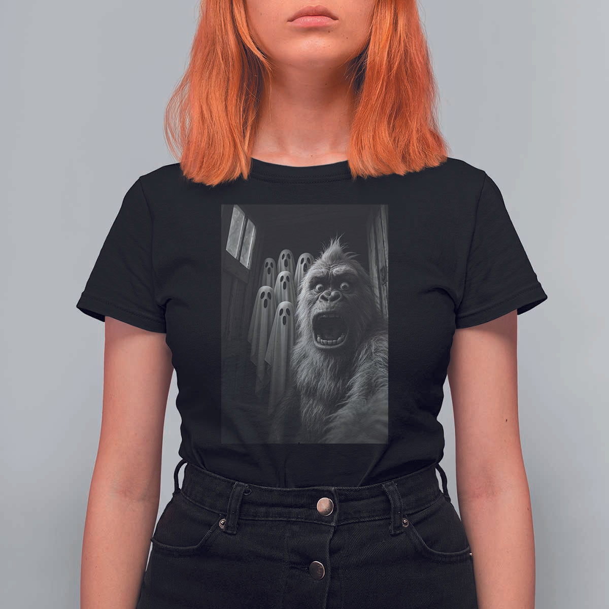 Funny Bigfoot Selfie Halloween T Shirt For Women Sasquatch Ghost Haunted House - Wonder Print Shop