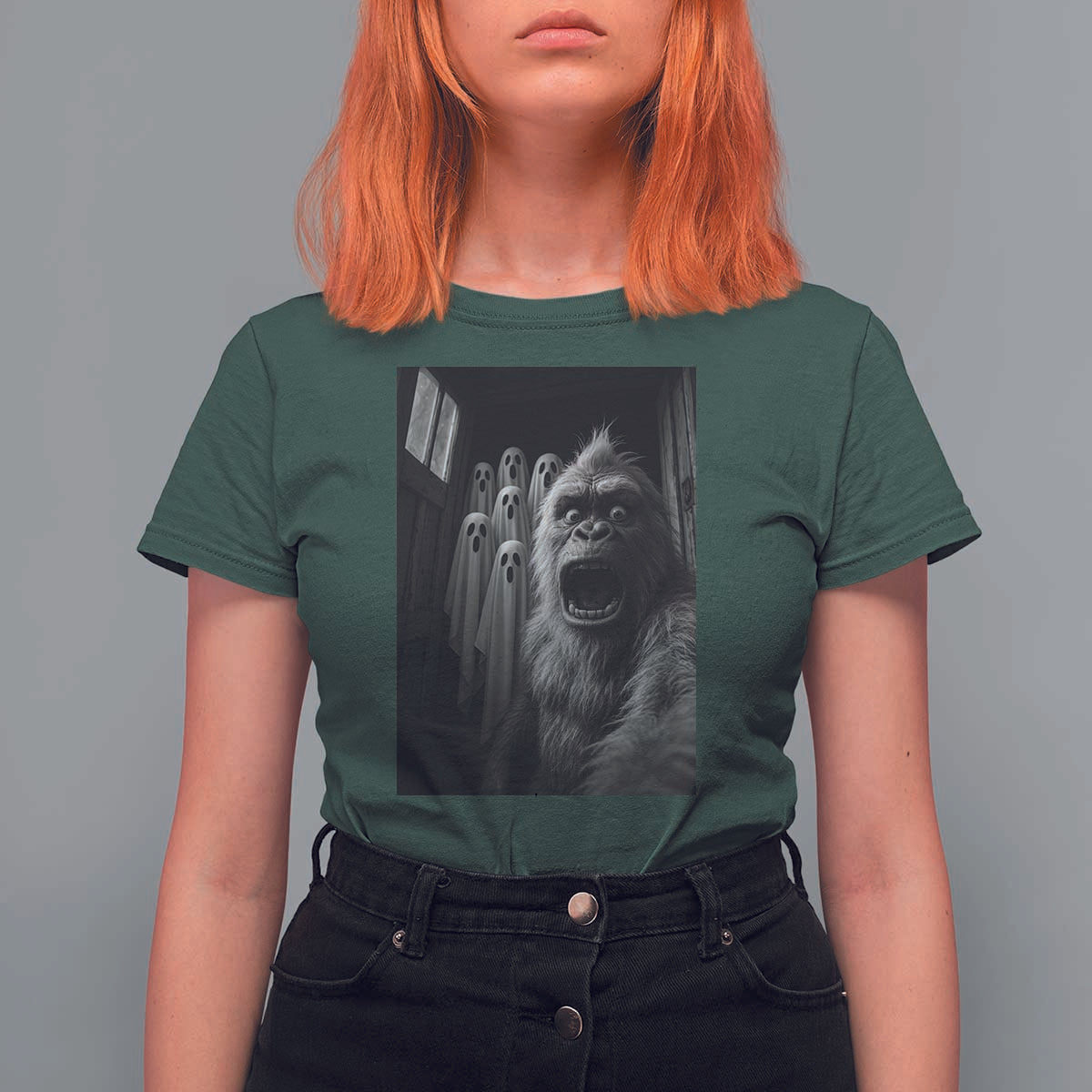 Funny Bigfoot Selfie Halloween T Shirt For Women Sasquatch Ghost Haunted House - Wonder Print Shop