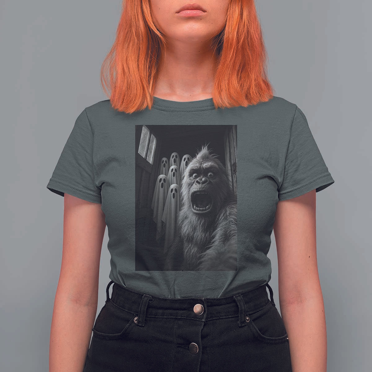 Funny Bigfoot Selfie Halloween T Shirt For Women Sasquatch Ghost Haunted House - Wonder Print Shop