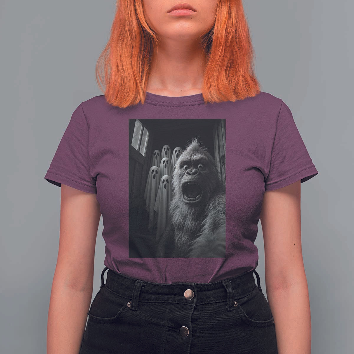 Funny Bigfoot Selfie Halloween T Shirt For Women Sasquatch Ghost Haunted House - Wonder Print Shop