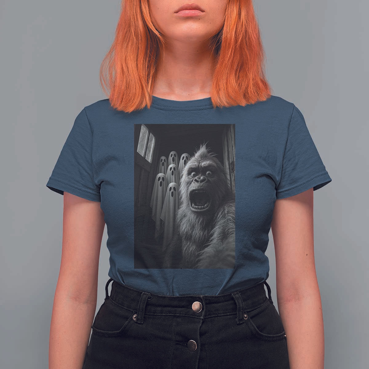 Funny Bigfoot Selfie Halloween T Shirt For Women Sasquatch Ghost Haunted House - Wonder Print Shop