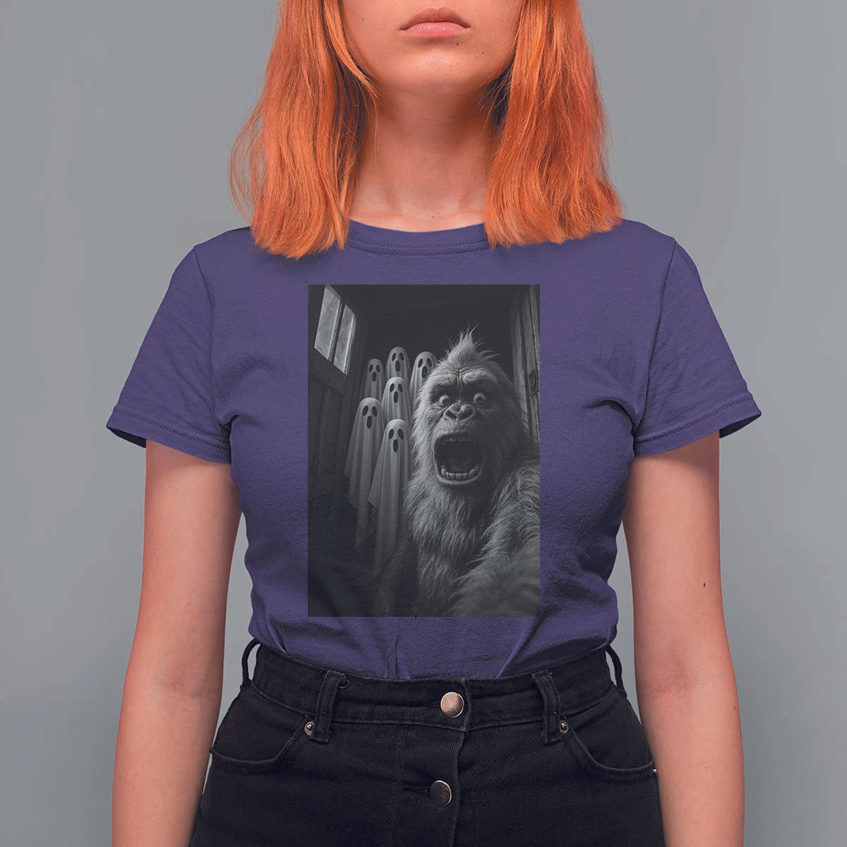 Funny Bigfoot Selfie Halloween T Shirt For Women Sasquatch Ghost Haunted House - Wonder Print Shop