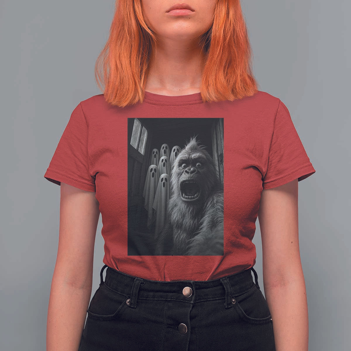 Funny Bigfoot Selfie Halloween T Shirt For Women Sasquatch Ghost Haunted House - Wonder Print Shop