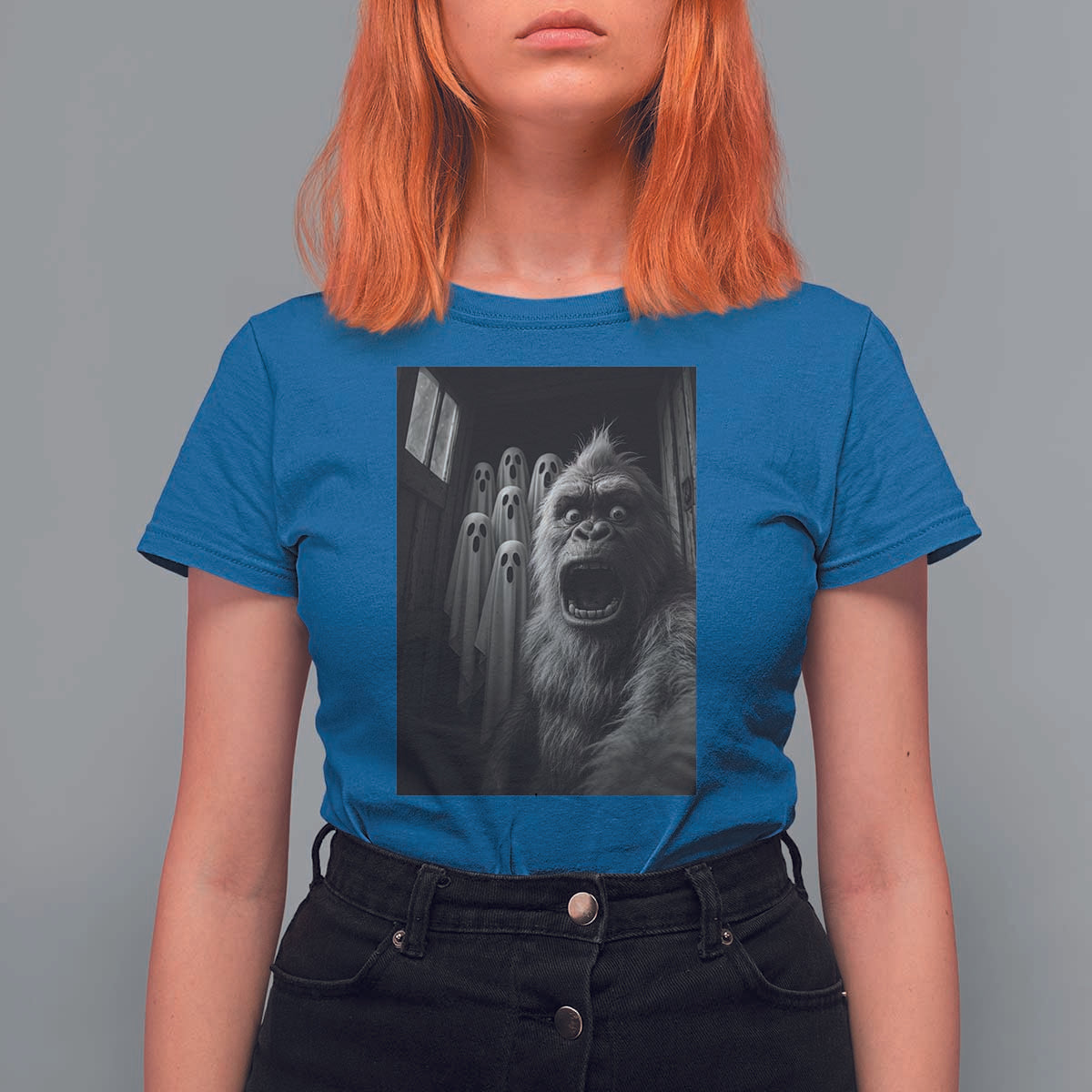 Funny Bigfoot Selfie Halloween T Shirt For Women Sasquatch Ghost Haunted House - Wonder Print Shop