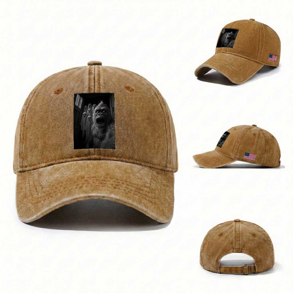 Funny Bigfoot Selfie Halloween Washed Cotton Baseball Cap Sasquatch Ghost Haunted House