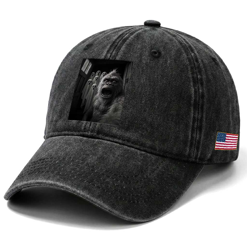 Funny Bigfoot Selfie Halloween Washed Cotton Baseball Cap Sasquatch Ghost Haunted House