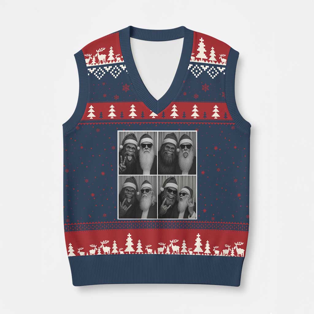Funny Bigfoot Photobooth Xmas V-Neck Knit Sweater Vest Sasquatch Santa Claus Xmas - Wonder Print Shop