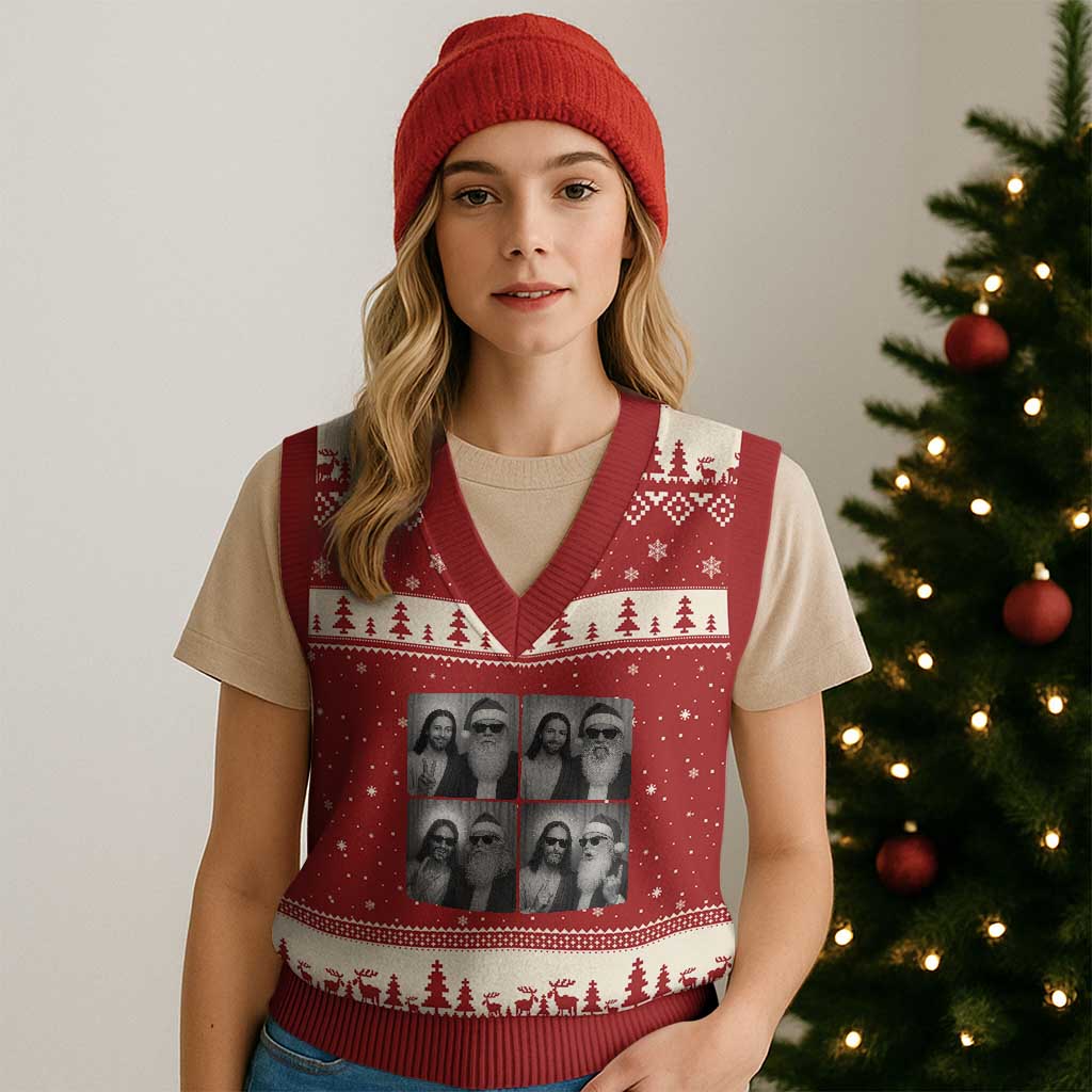 Funny Bigfoot Photobooth Xmas V-Neck Knit Sweater Vest Sasquatch Jesus Christian Xmas - Wonder Print Shop