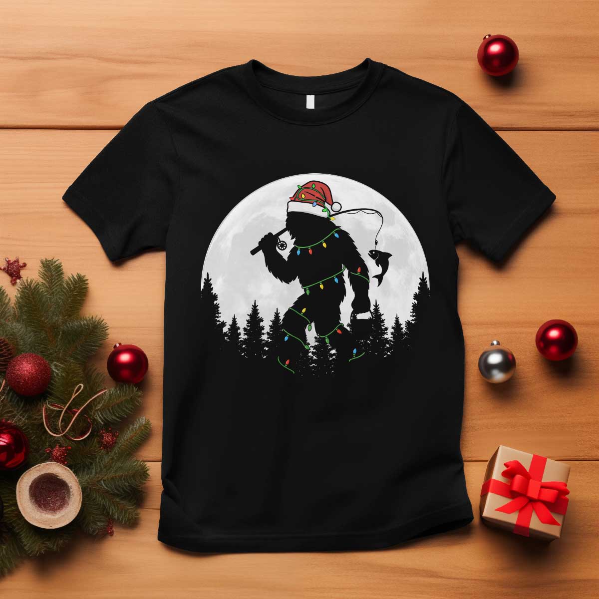 Funny Bigfoot Fishing Christmas T Shirt Sasquatch Moon Fisherman - Wonder Print Shop