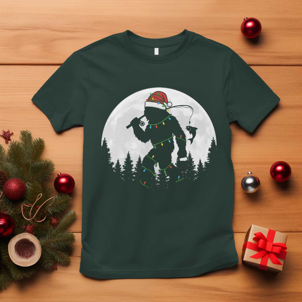 Funny Bigfoot Fishing Christmas T Shirt Sasquatch Moon Fisherman - Wonder Print Shop