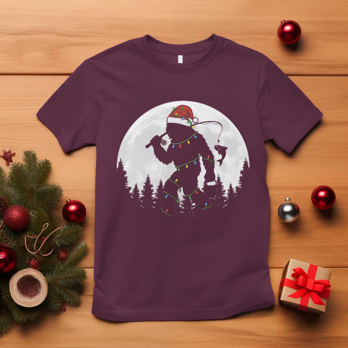 Funny Bigfoot Fishing Christmas T Shirt Sasquatch Moon Fisherman - Wonder Print Shop