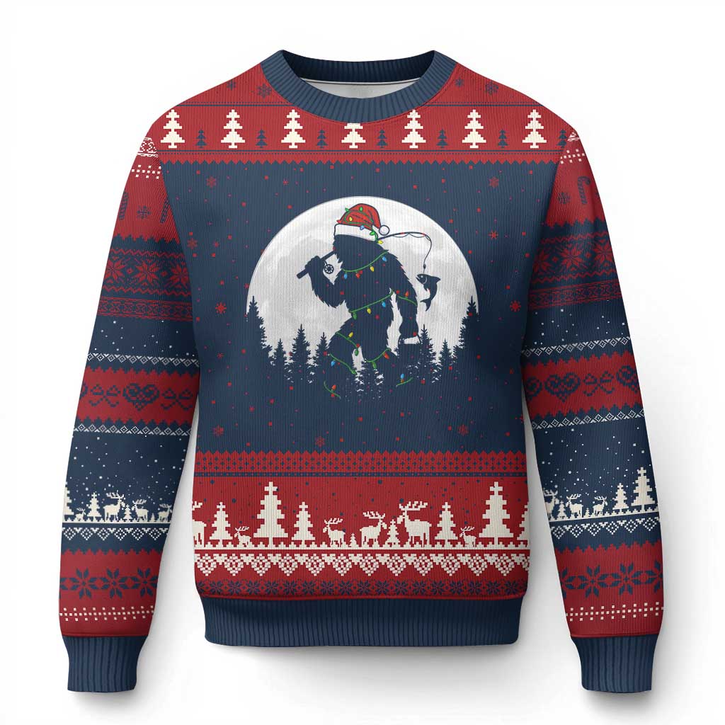Funny Bigfoot Fishing Xmas Ugly Christmas Sweater Sasquatch Moon Fisherman - Wonder Print Shop