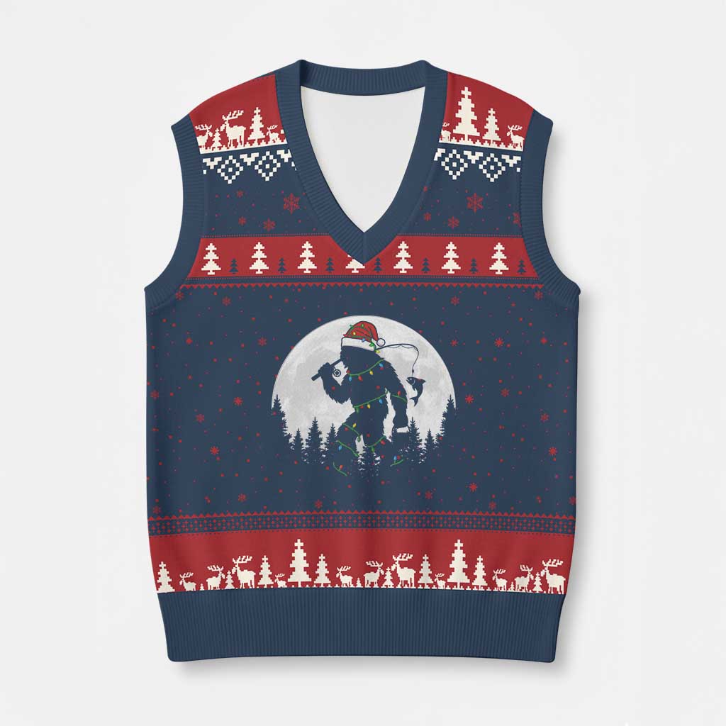 Funny Bigfoot Fishing Xmas V-Neck Knit Sweater Vest Sasquatch Moon Fisherman - Wonder Print Shop