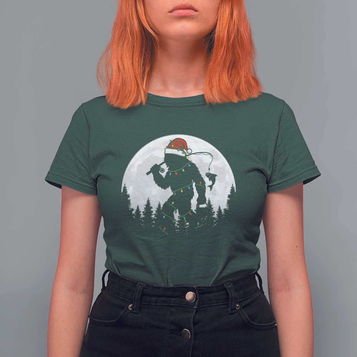 Funny Bigfoot Fishing Christmas T Shirt For Women Sasquatch Moon Fisherman - Wonder Print Shop