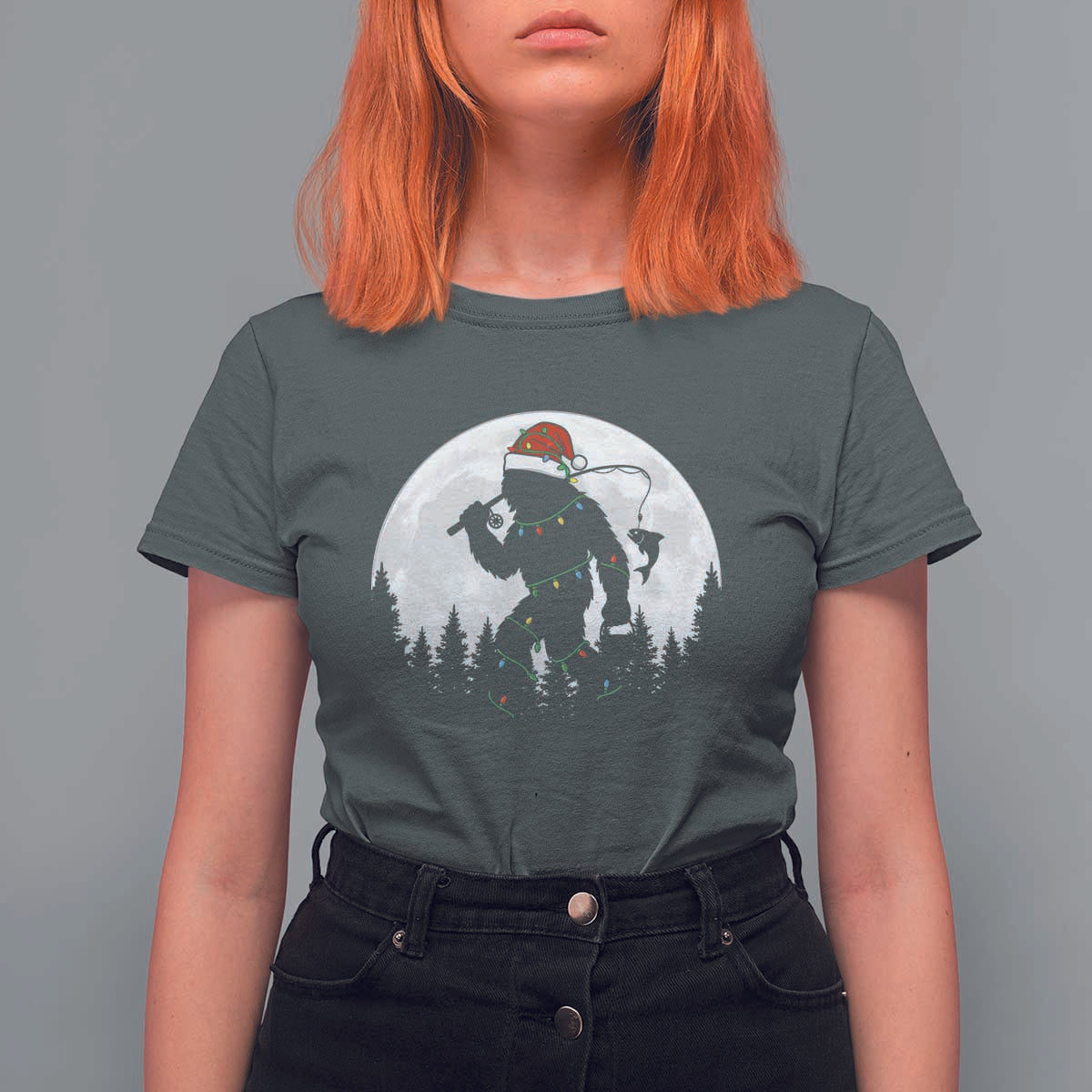 Funny Bigfoot Fishing Christmas T Shirt For Women Sasquatch Moon Fisherman - Wonder Print Shop