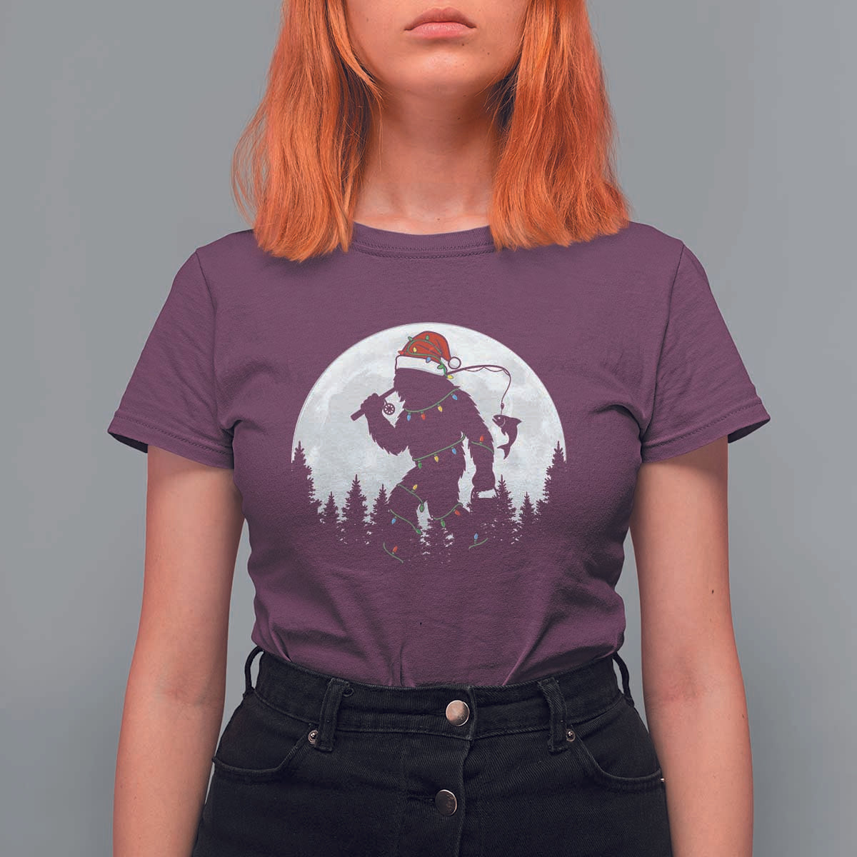 Funny Bigfoot Fishing Christmas T Shirt For Women Sasquatch Moon Fisherman - Wonder Print Shop