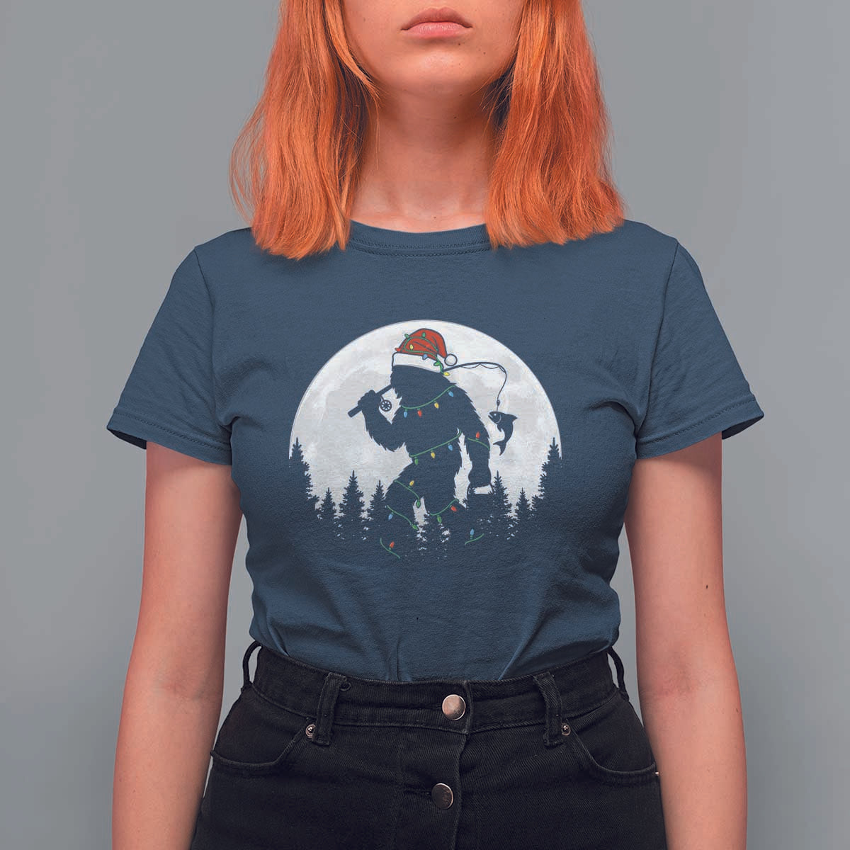 Funny Bigfoot Fishing Christmas T Shirt For Women Sasquatch Moon Fisherman - Wonder Print Shop