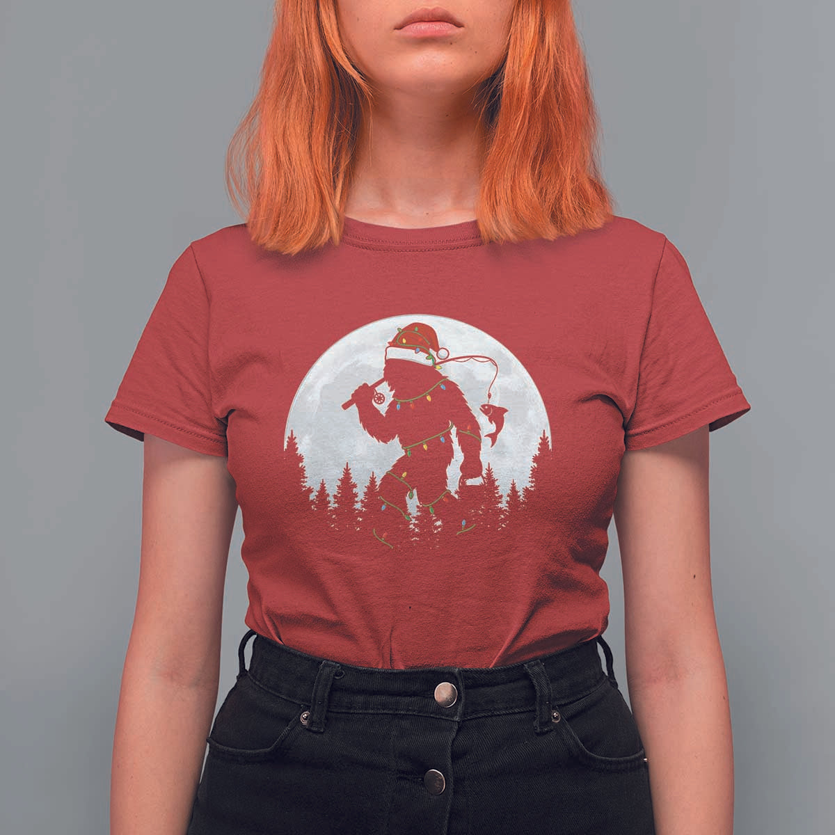 Funny Bigfoot Fishing Christmas T Shirt For Women Sasquatch Moon Fisherman - Wonder Print Shop