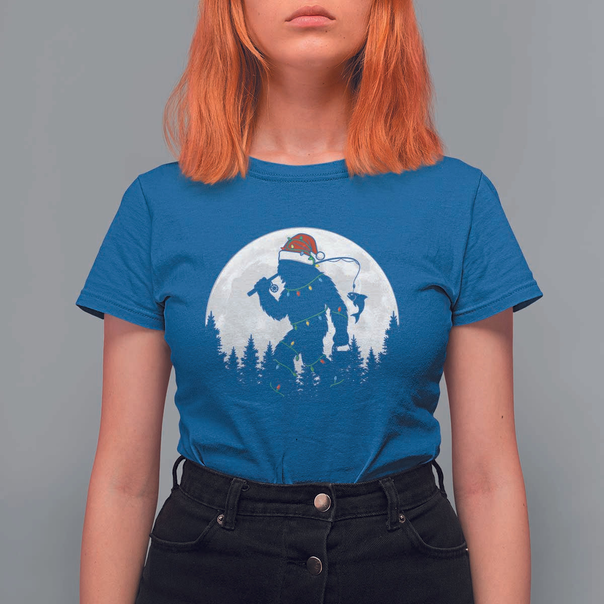 Funny Bigfoot Fishing Christmas T Shirt For Women Sasquatch Moon Fisherman - Wonder Print Shop