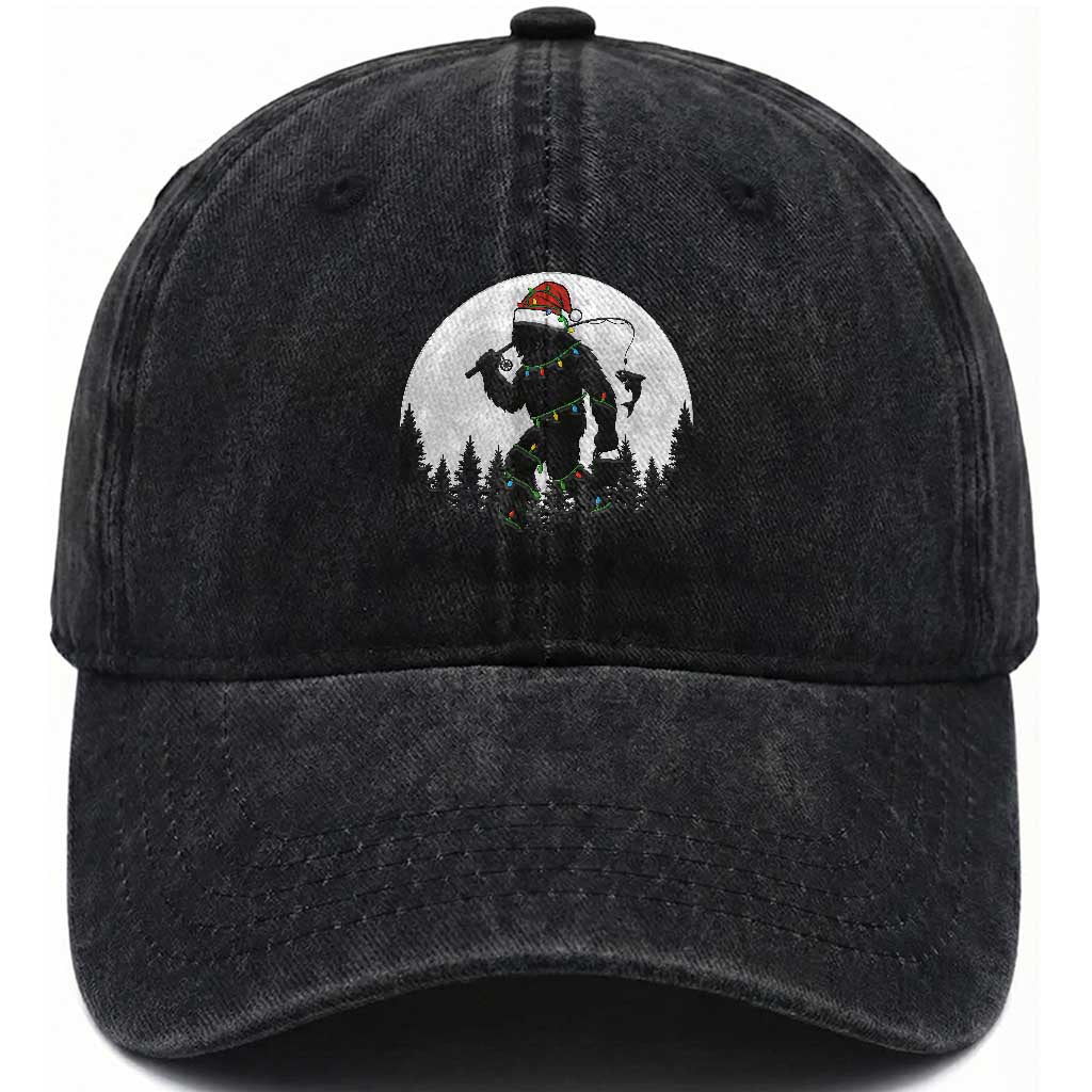 Funny Bigfoot Fishing Christmas Washed Cotton Baseball Cap Sasquatch Moon Fisherman