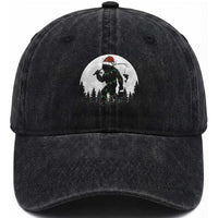 Funny Bigfoot Fishing Christmas Washed Cotton Baseball Cap Sasquatch Moon Fisherman