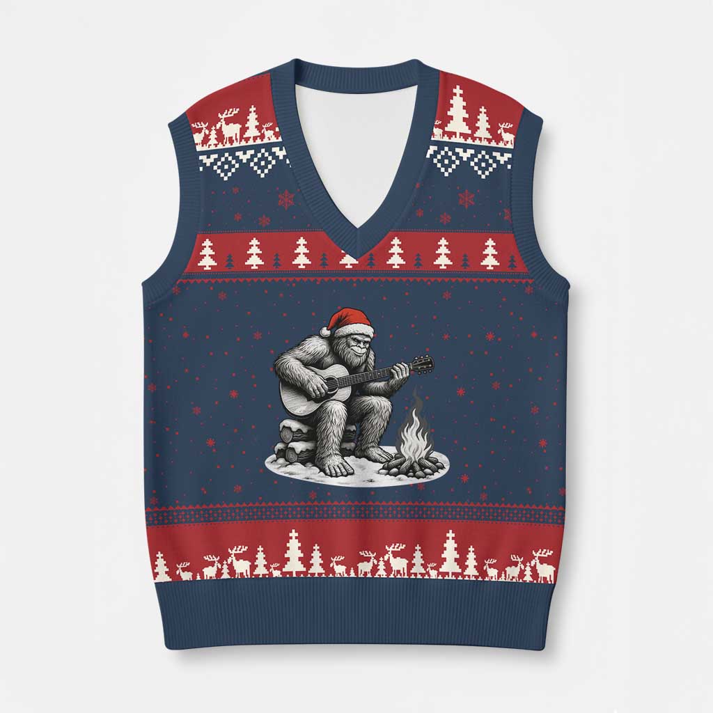Bigfoot Guitar Xmas V-Neck Knit Sweater Vest Sasquatch Guitarist Music Xmas - Wonder Print Shop