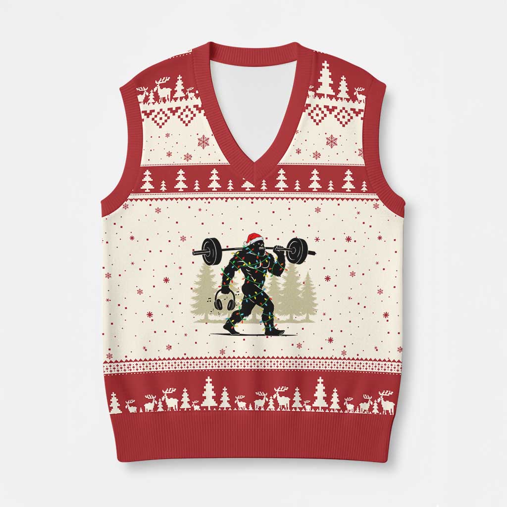 Bigfoot Gym Xmas V-Neck Knit Sweater Vest Funny Sasquatch Bodybuilding Weightlifting - Wonder Print Shop