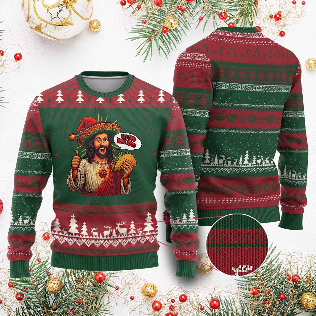 Funny Jesus Taco Mexican Ugly Christmas Sweater Let Us Taco About Jesus - Wonder Print Shop
