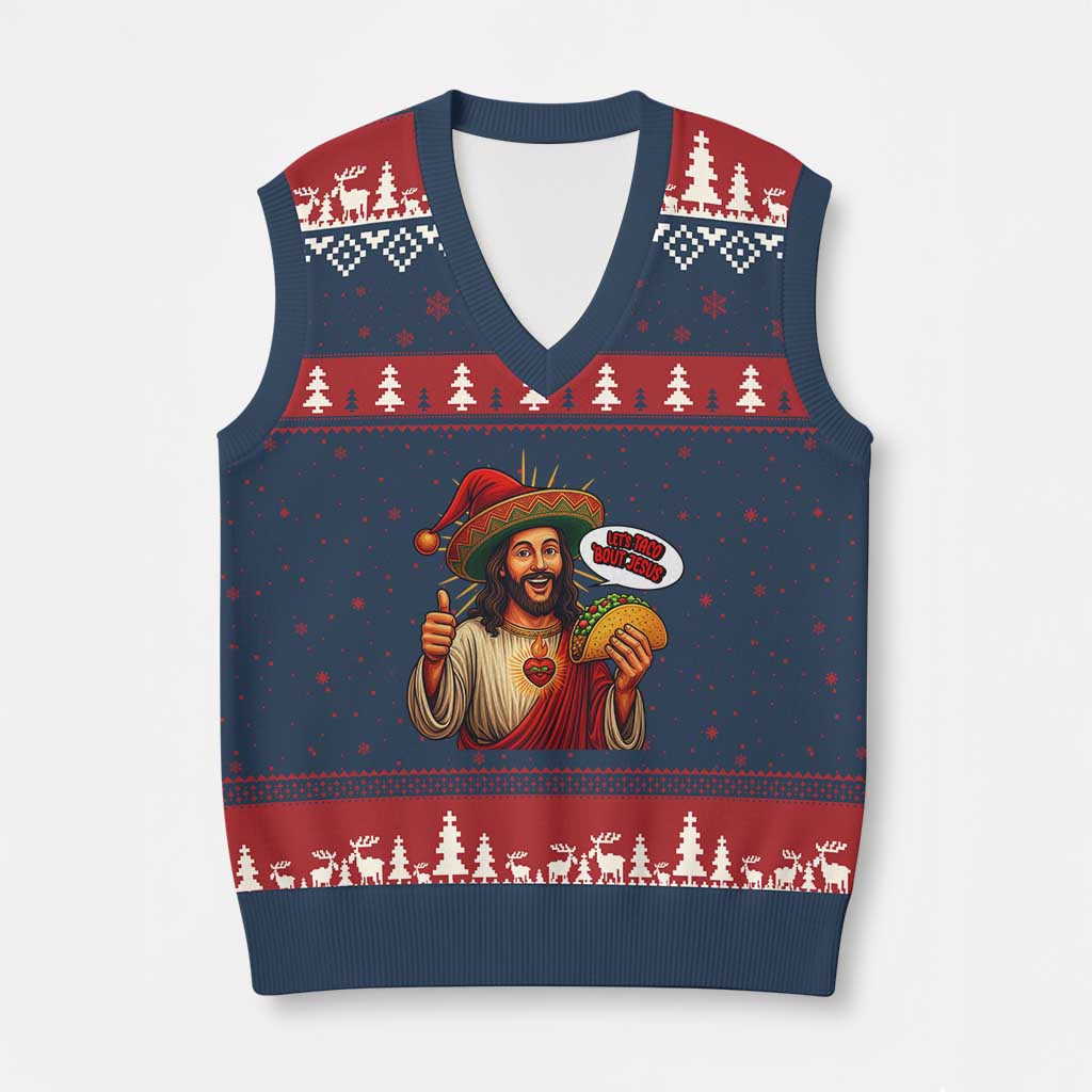 Funny Jesus Taco Mexican V-Neck Knit Sweater Vest Let Us Taco About Jesus - Wonder Print Shop