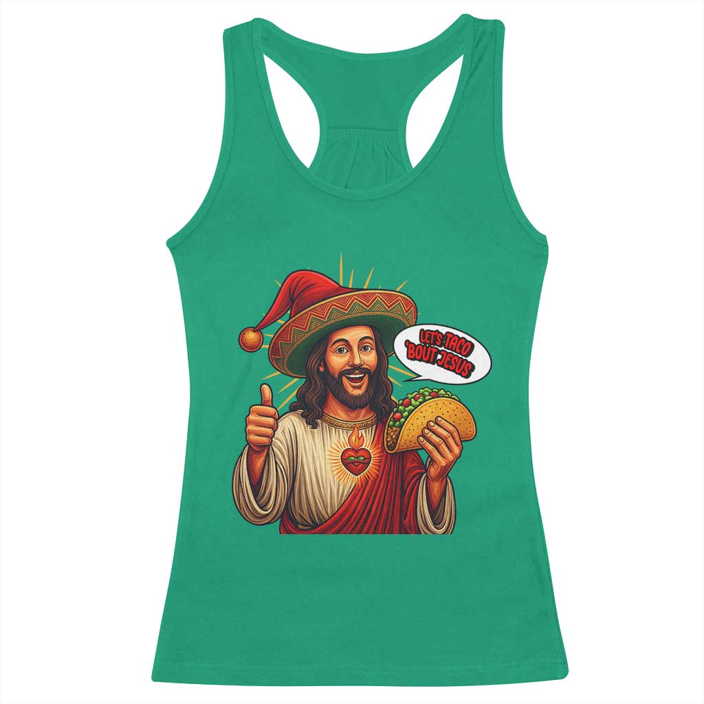 Funny Jesus Taco Mexican Racerback Tank Top Let Us Taco About Jesus - Wonder Print Shop