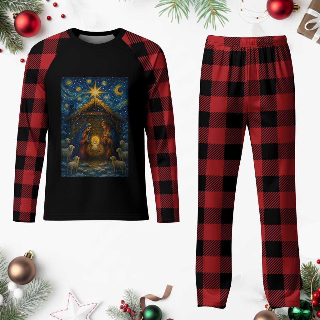 Jesus Christmas Plaid Pajama Set Starry Night Nativity Scene Xmas - Wonder Print Shop