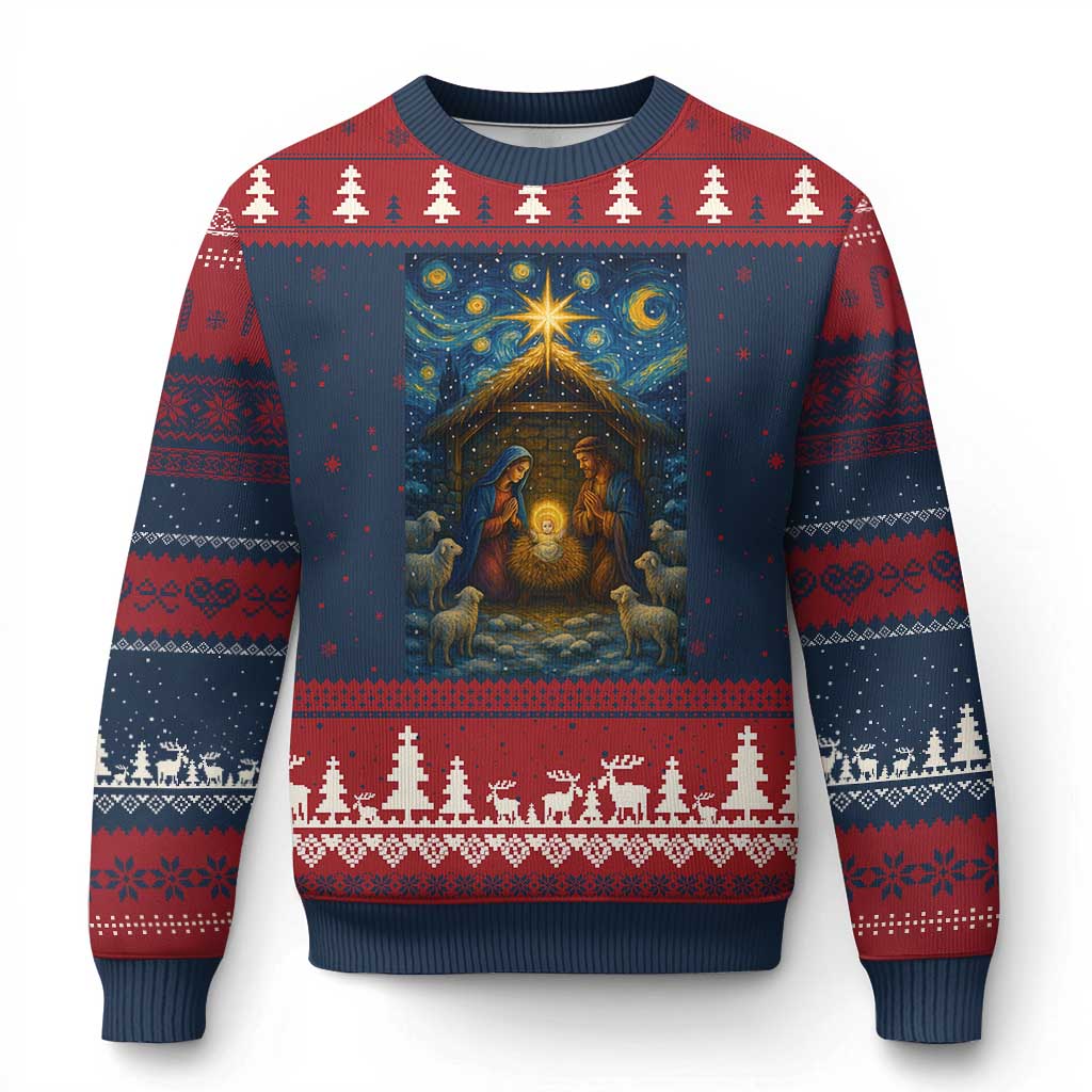 Jesus Xmas Ugly Christmas Sweater Starry Night Nativity Scene Xmas - Wonder Print Shop