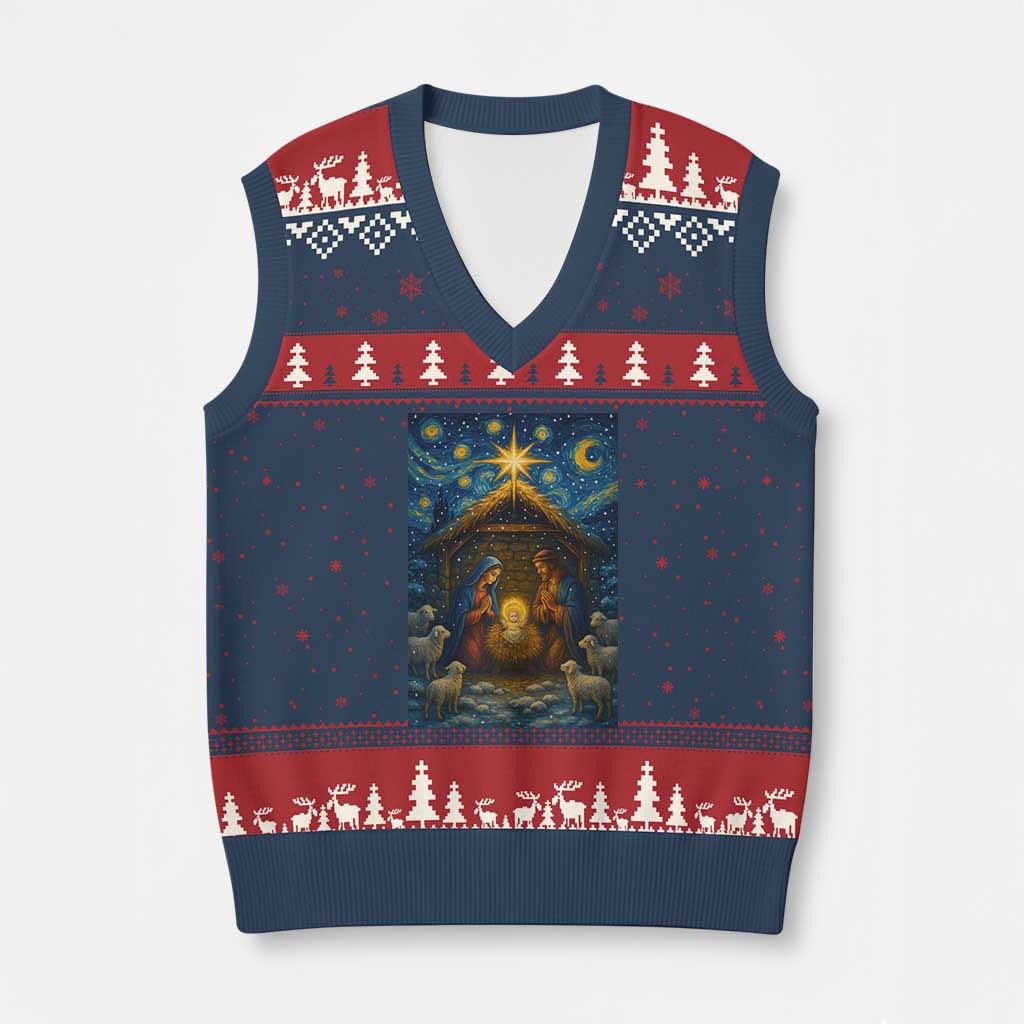 Jesus Xmas V-Neck Knit Sweater Vest Starry Night Nativity Scene Xmas - Wonder Print Shop