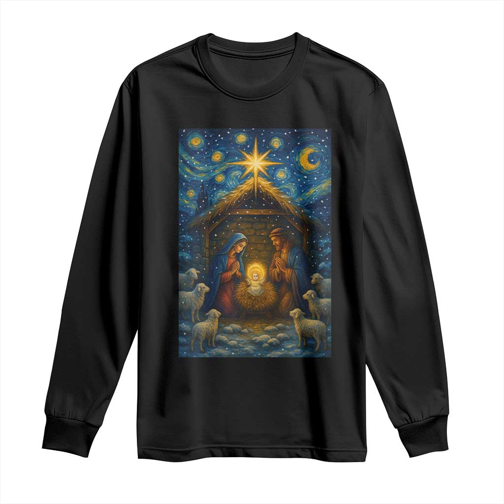 Jesus Christmas Long Sleeve Shirt Starry Night Nativity Scene Xmas - Wonder Print Shop