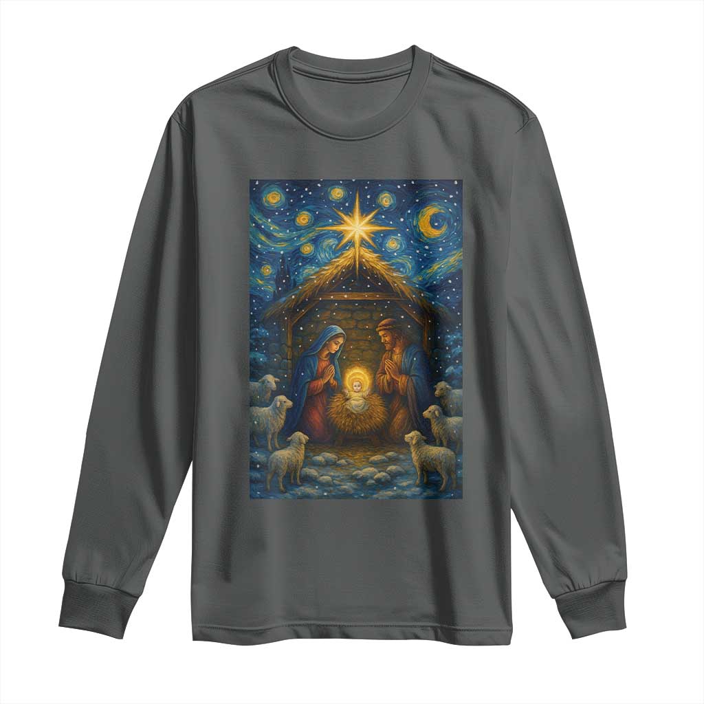 Jesus Christmas Long Sleeve Shirt Starry Night Nativity Scene Xmas - Wonder Print Shop