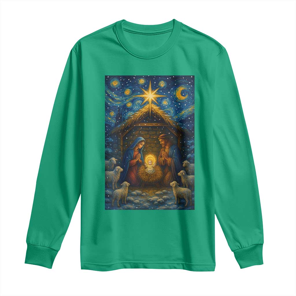 Jesus Christmas Long Sleeve Shirt Starry Night Nativity Scene Xmas - Wonder Print Shop
