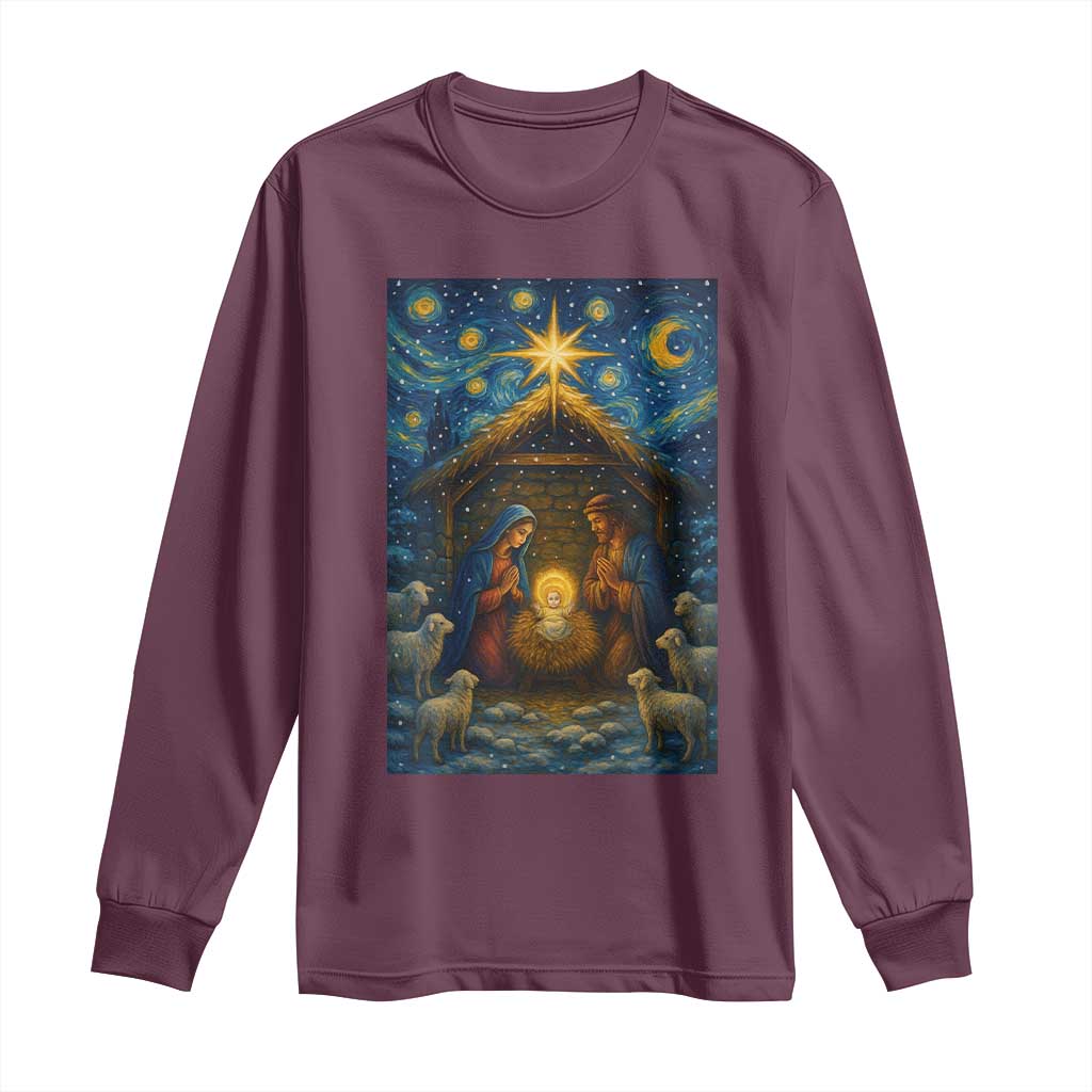 Jesus Christmas Long Sleeve Shirt Starry Night Nativity Scene Xmas - Wonder Print Shop