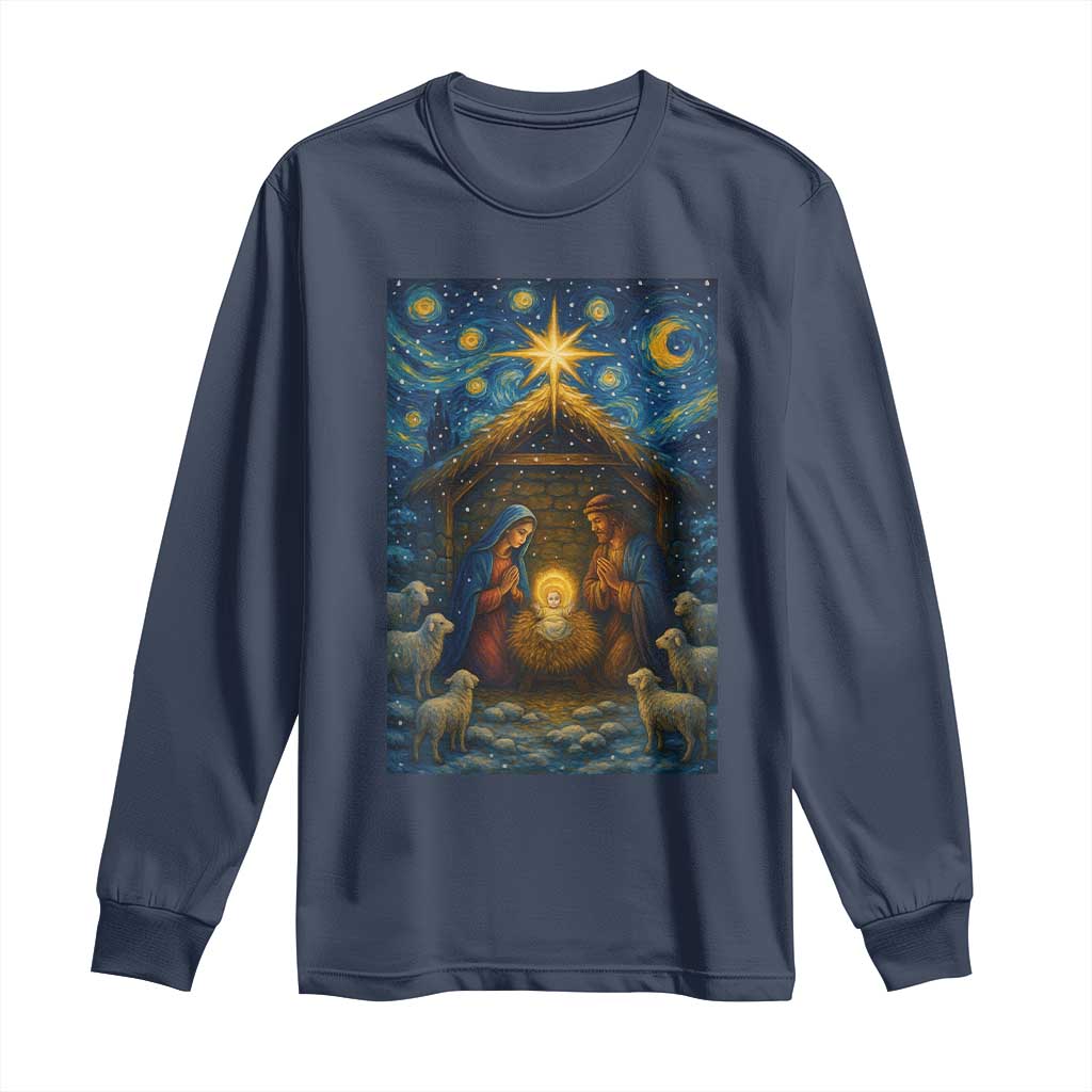 Jesus Christmas Long Sleeve Shirt Starry Night Nativity Scene Xmas - Wonder Print Shop